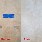 Before-and-after comparison of travertine repair: From cracked and damaged flooring to beautifully restored travertine, showcasing professional repair expertise