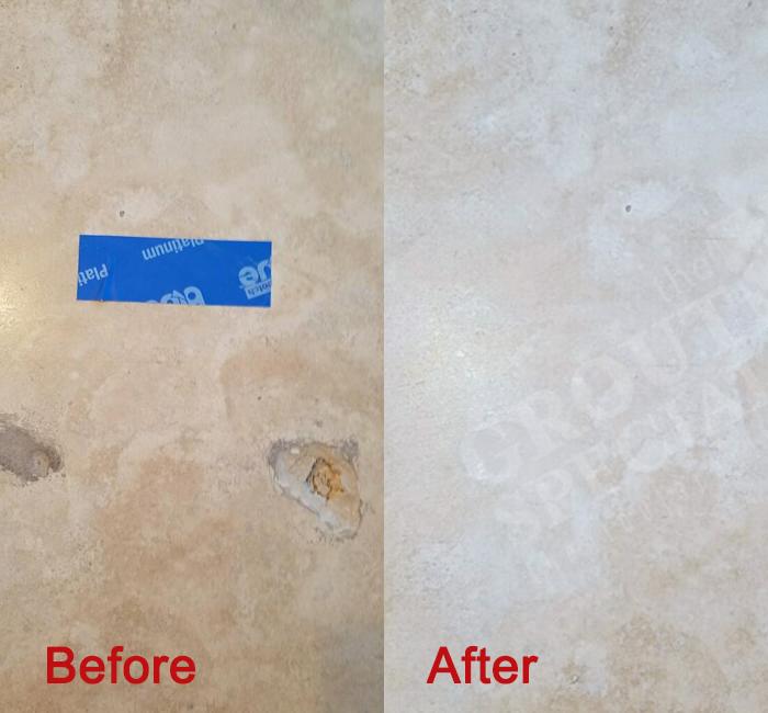 Before-and-after comparison of travertine repair: From cracked and damaged flooring to beautifully restored travertine, showcasing professional repair expertise