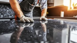 Professional granite cleaning in progress, with a technician polishing a countertop to restore its natural shine and durability