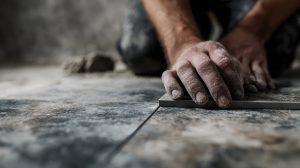 Craftsman’s hands carefully performing Grout Repair on a tiled floor, highlighting precision and care in natural stone and porcelain tile installation.